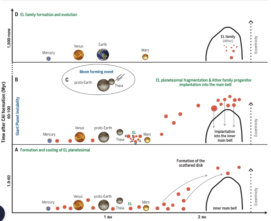 This schematic from the research shows what the researchers think happened. Red circles are planetesimals (and their fragments) from the terrestrial planet region. The black solid curves roughly denote the boundary of the current asteroid inner main belt. Eccentricity increases from bottom to top. 

A shows the formation and cooling of the EL parent planetesimal in the terrestrial planet region before 60 Myr after Solar System formation. In this period, the terrestrial planets began scattering planetesimals to orbits with high eccentricity and semimajor axes corresponding to the asteroid main belt. B shows that between 60 and 100 Myr, the EL planetesimal was destroyed by an impact in the terrestrial planet region. At least one fragment (the Athor family progenitor) was scattered by the terrestrial planets into the scattered disk, as in (A). Then the giant planet instability implanted it into the inner main belt by decreasing its eccentricity. C shows that a few tens of millions of years after the giant planet instability occurred, a giant impact between the planetary embryo Theia and proto-Earth formed the Moon. D shows that the Athor family progenitor experienced another impact event that formed the Athor family at ~1500 Myr. Image Credit: Avdellidou et al. 2024.