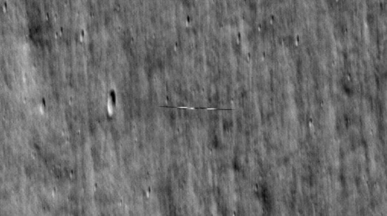 During the second orbit, LRO captured this image of Danori from just 4 kilometers (2.5 miles) above it.  The LRO was pointed 25 degrees toward the South Korean spacecraft.  Image source: NASA/Goddard/Arizona State University
