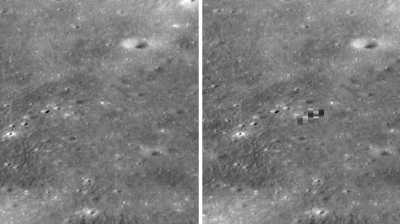 In the image on the right, the Danuri pixels are unsmeared. The LRO was 8 km (5 miles) above Danuri when it captured this image. The image is rotated 90 degrees to look like what a person would see if they onboard the LRO and looking out a window. Image Credit: NASA/Goddard/Arizona State University