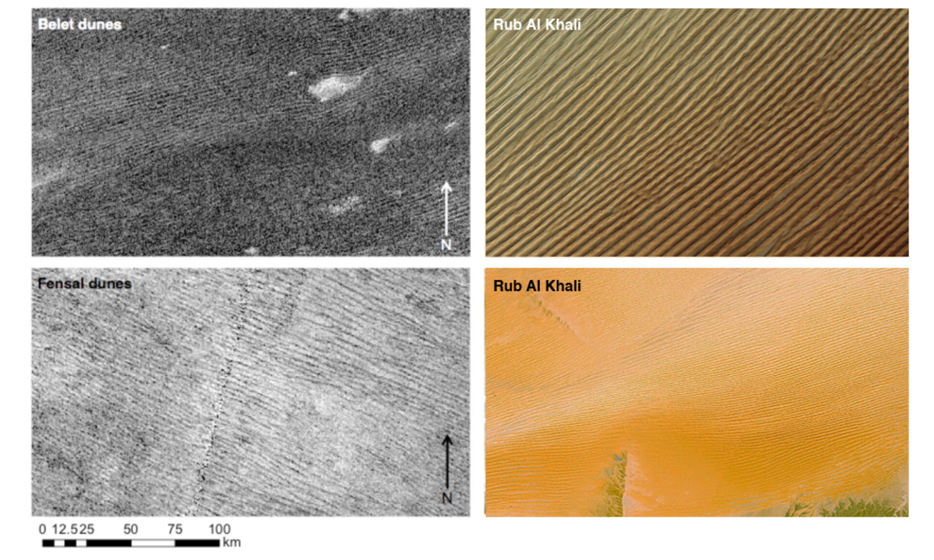 Two different dune fields on Titan: Belet and Fensal, as imaged by Cassini’s radar. It also shows two similar dune fields on Earth in Rub Al Khali, Saudi Arabia. CREDIT NASA/JPL–Caltech/ASI/ESA and USGS/ESA