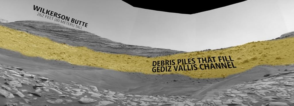 This image shows the debris piles in the Gediz Vallis channel as seen by MSL Curiosity. Image Credit: NASA/JPL-Caltech/UC Berkeley