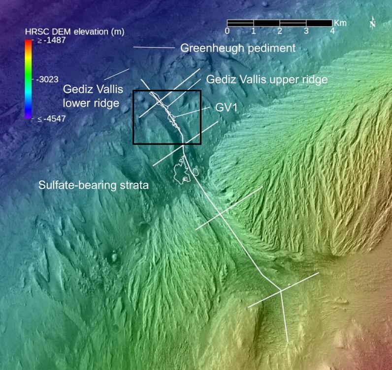 This digital elevation model (DEM) provides some context for Curiosity's journey. Image Credit: Hughes et al. 2022