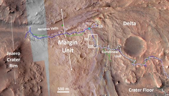 The Margin Unit lies near the western rim of Jezero Crater. White dots show Perseverance's stopping points, and the blue line shows the rover's future route. Image Credit: R.C. Wiens et al. 2024