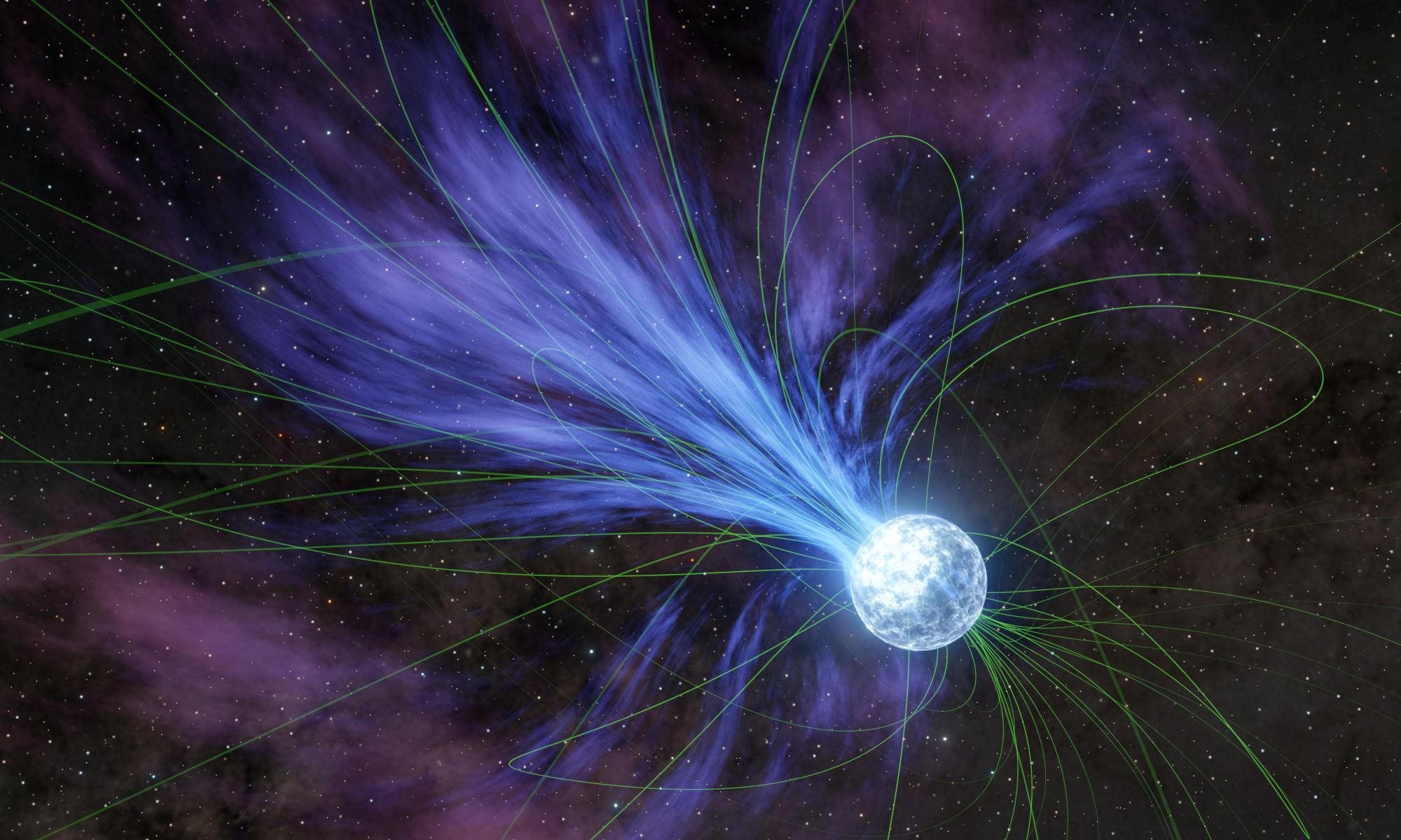 This magnetar is a highly magnetized neutron star. This artist's illustration shows an outburst from a magnetar. Neutron stars that spin rapidly and give out radiation are called pulsars, and specific pulsars are rare in the core of the Milky Way. Credit: NASA/JPL-CalTech