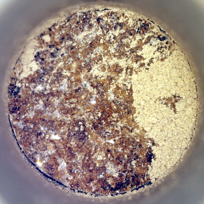 This image shows the bottom of the Bunsen Peak sample core. The sample contains about 75% carbonate minerals cemented by almost pure silica. Image Credit: NASA/JPL-Caltech