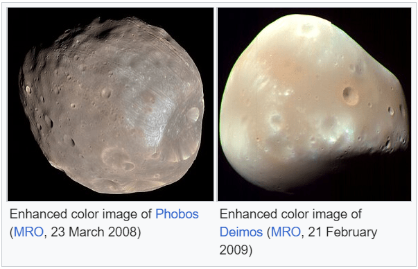 Phobos and Deimos look like potatoes more than moons. Image Credit: Left: By NASA / JPL-Caltech / University of Arizona - http://photojournal.jpl.nasa.gov/catalog/PIA10368, Public Domain, https://commons.wikimedia.org/w/index.php?curid=5191977. Right: By NASA/JPL-Caltech/University of Arizona - http://marsprogram.jpl.nasa.gov/mro/gallery/press/20090309a.html, Public Domain, https://commons.wikimedia.org/w/index.php?curid=6213773