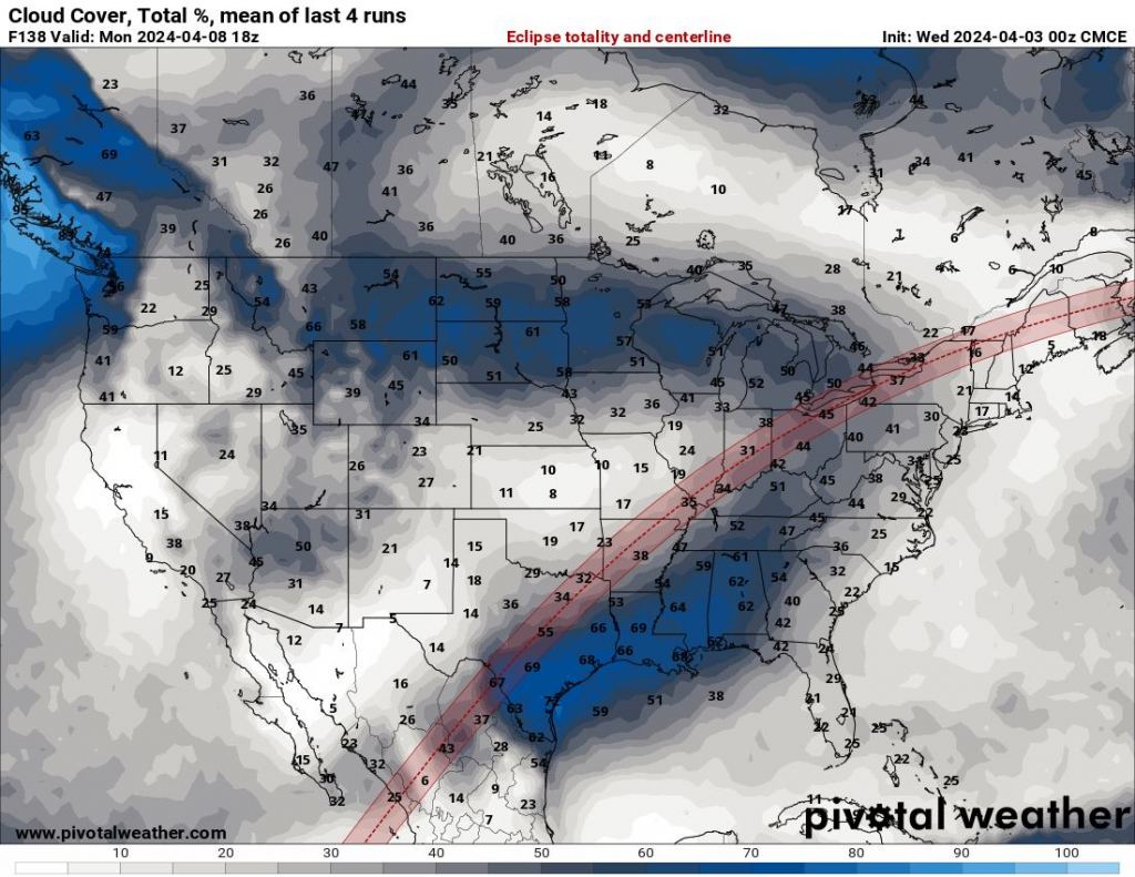 Cloud cover prospects for the afternoon of April 8th, versus the eclipse path. Credit: Pivotal Weather