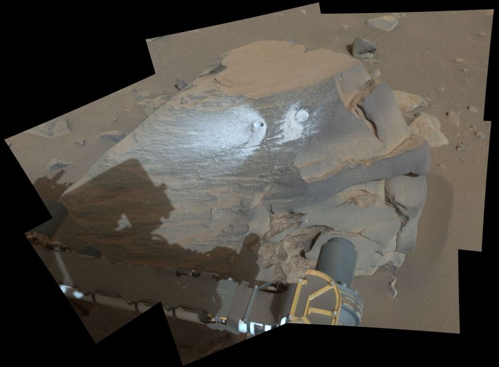 This image mosaic shows the Bunsen Peak rock that has ignited scientists' excitement. The rover abraded a circular patch to test its composition and extracted a core sample for return to Earth. The lighter surfaces are covered in dust, so Perseverance avoided those areas as the dust can obscure the rock's chemistry from the rover's instruments. Image Credit: NASA/JPL-Caltech/ASU/MSSS
