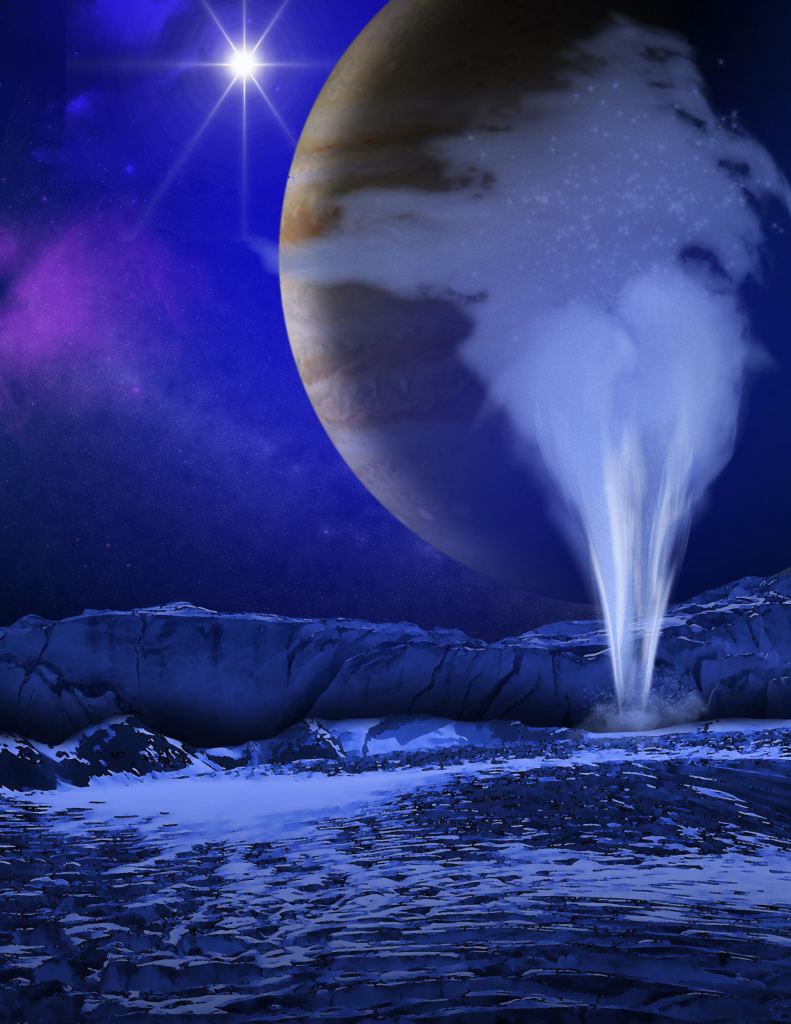 This artist's illustration shows plumes erupting through Europa's icy surface. Gigantic Jupiter lurks in the background. Image Credit: NASA/ESA/K. Retherford/SWRI