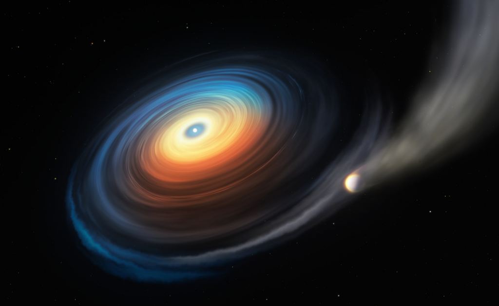 This artist's illustration shows the white dwarf WD J0914+1914 (Not part of this research.) A Neptune-sized planet orbits the white dwarf, and the white dwarf is drawing material away from the planet and forming a debris disk around the star. Image Credit: By ESO/M. Kornmesser -  CC BY 4.0, 