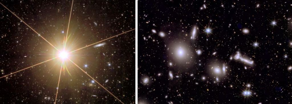 This pair of zoomed-in images of Abell 2764 shows Euclid's power. On the left is the foreground star. These stars can create halos of diffuse light that obscure other objects, but Euclid is built to minimize the effect. On the right is a zoom-in of Abell 2764 itself, with multitudes of background galaxies. Image Credit: ESA/Euclid/Euclid Consortium/NASA, image processing by J.-C. Cuillandre (CEA Paris-Saclay), G. Anselmi. LICENCE: CC BY-SA 3.0 IGO