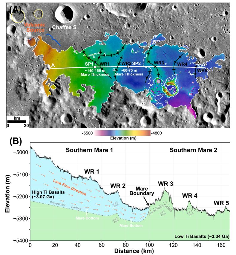 This figure from the study shows the prime location for collecting samples according to the authors. This region would provide samples from the older, low-Ti basalts, the younger high-Ti basalts, and also overlying impact ejecta from the Chaffee S crater. Image Credit: Qian et al. 2024.