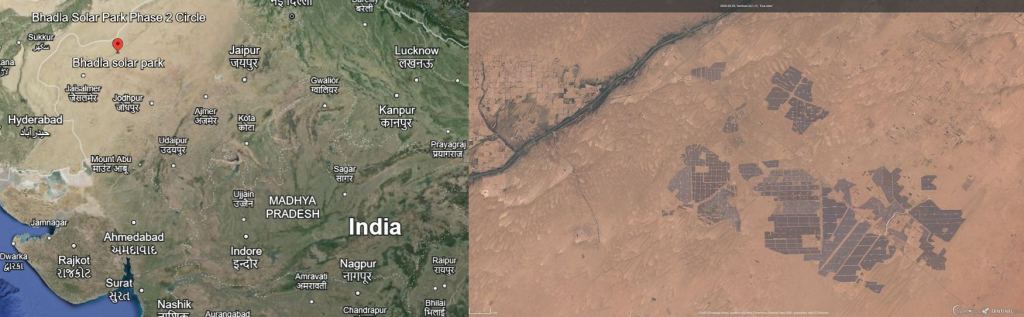 The Bhadla Solar Park is a large PV installation that aims to generate over 2,000 MW of solar energy. Image Credit: (Left) Google Earth. (Right) Contains modified Copernicus Sentinel data 2020, Attribution, https://commons.wikimedia.org/w/index.php?curid=90537462
