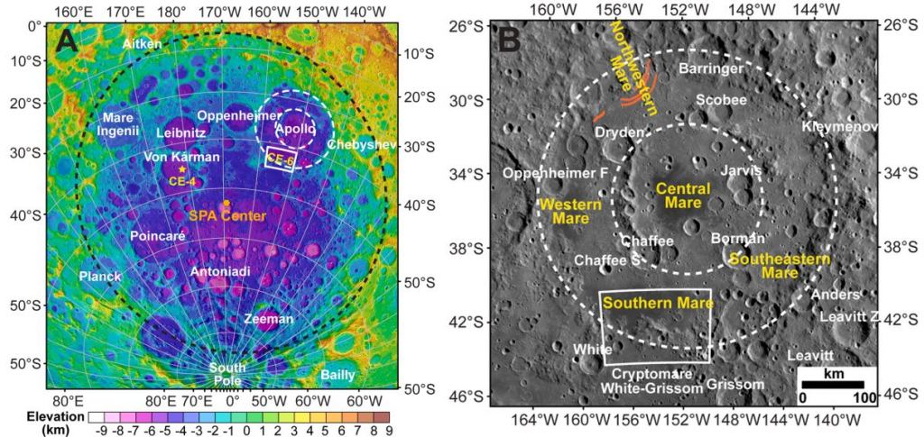 These two images give context to the CE-6 landing site. The left image shows where Apollo is inside the SPA. The right image shows some of the features in the Apollo crater, with the landing zone in a white rectangle. Image Credit: Qian et al. 2024.