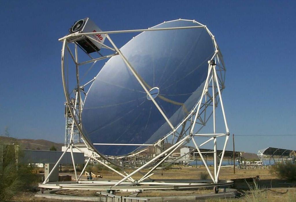 This is the Eurodish, a parabolic solar collector. The collector is mounted to the dish itself, but on the Moon, the collector would be in the crater where power is needed. Image Credit: Schlaich Bergermann und Partner and released into the Public Domain at http://wire0.ises.org/wire/independents/imagelibrary.nsf
