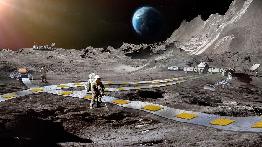 If the team behind FLOAT has their way, they'll build the Moon's first railway. Sort of. This artist's concept shows a possible future mission depicting the lunar surface with planet Earth on the horizon. Image Credit: Ethan Schaler