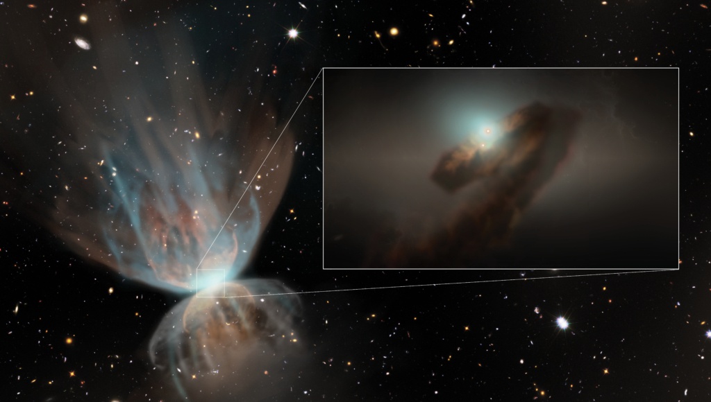 Artist's impression of the large-scale view of FU~Ori. The image shows the outflows produced by the interaction between strong stellar winds powered by the outburst and the remnant envelope from which the star formed. The stellar wind drives a strong shock into the envelope, and the CO gas swept up by the shock is what the new ALMA revealed. The inset image is an artist's impression of the streamer of CO feeding mass into FU Ori. Image Credit: NSF/NRAO/S. Dagnello