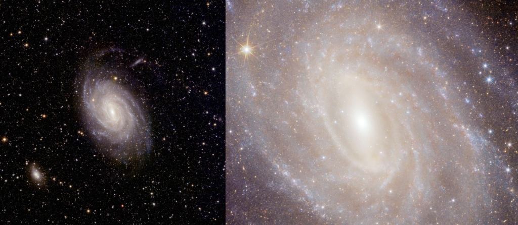 Euclid's complete image of NGC 6744 is on the left, and a zoomed-in portion is on the right. NGC 6744 is one of the largest spiral galaxies outside our region of space. The telescope's detailed image will let astronomers count and map individual stars and map the gas that feeds star formation. Star formation is how galaxies evolve, so studying NGC 6744's star formation activity feeds into a greater understanding of galaxy evolution. Image Credit: ESA/Euclid/Euclid Consortium/NASA, image processing by J.-C. Cuillandre (CEA Paris-Saclay), G. Anselmi. LICENCE: CC BY-SA 3.0 IGO