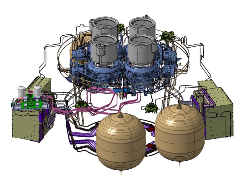 This schematic shows the components of BepiColombo's solar-electric propulsion system minus the solar arrays. There are four T6 gridded ion thrusters mounted on gimbals, three tanks of xenon gas holding 1,400 kg of xenon gas, a high-pressure regulator, four flow control units and two power processing units. The system also includes several metres of high-voltage harness and piping required to connect this complex system together. Image Credit: ESA
