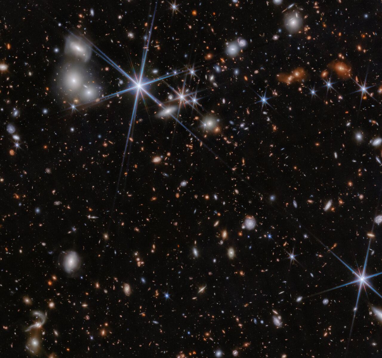 The field in which the ZS7 galaxy merger was observed by JWST. Courtesy ESA/Webb, NASA, CSA, J. Dunlop, D. Magee, P. G. Pérez-González, H. Übler, R. Maiolino, et. al