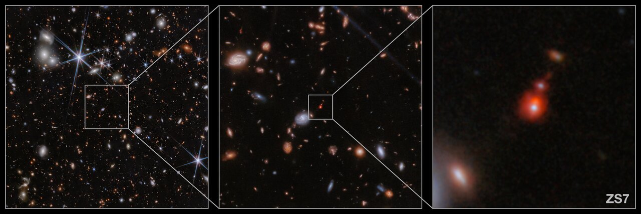 Zeroing in on the ZS7 galaxy system and the colliding black holes. Courtesy: The field in which the ZS7 galaxy merger was observed by JWST. Courtesy ESA/Webb, NASA, CSA, J. Dunlop, D. Magee, P. G. Pérez-González, H. Übler, R. Maiolino, et. al